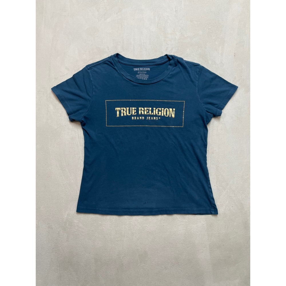 True Religion Womens Dark Teal Gold Foil Logo Rhinestone T-Shirt Large 600033